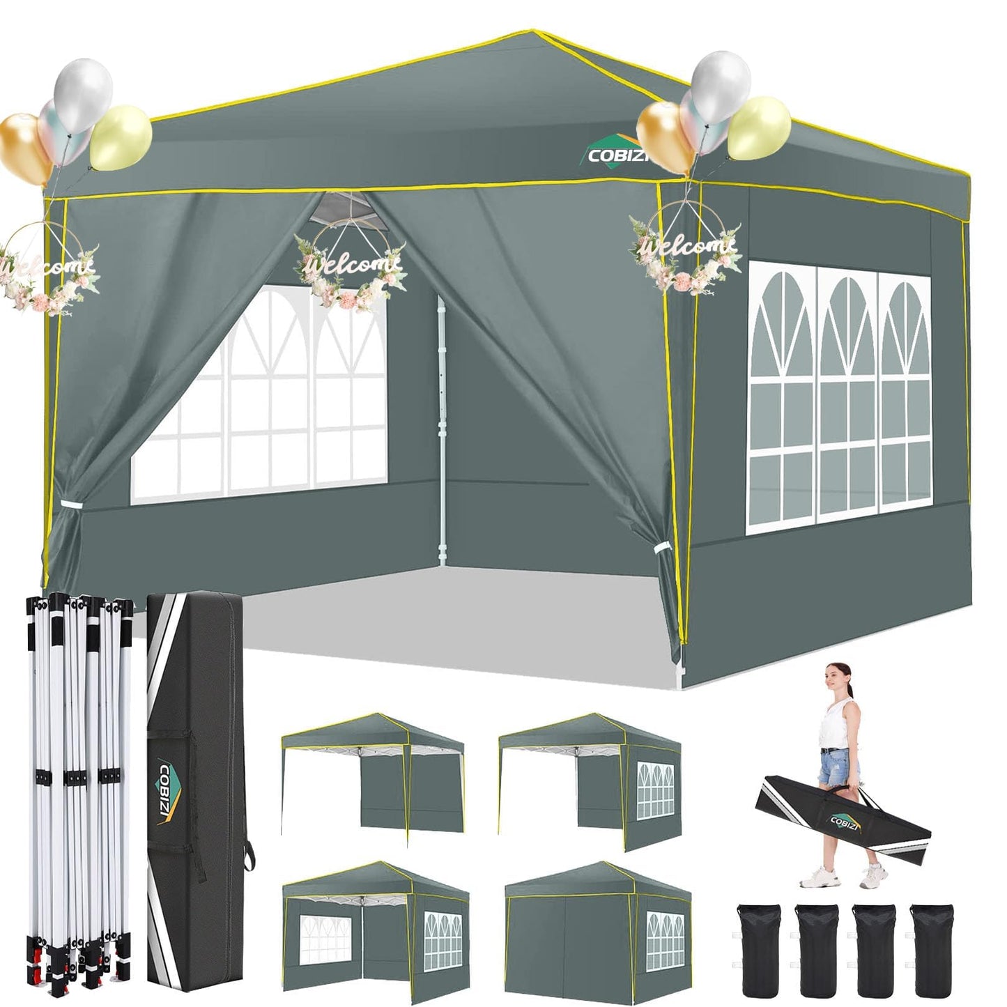 COBIZI 10x10 Pop Up Canopy with 4 Sidewalls,10x10 Canopy Tent Frame Upgraded with 3 Adjustable Heights,Waterproof UV50+ Outdoor Party Commercial Ez Up Gazebos with Carry Bag(10 x 10 ft Gray)