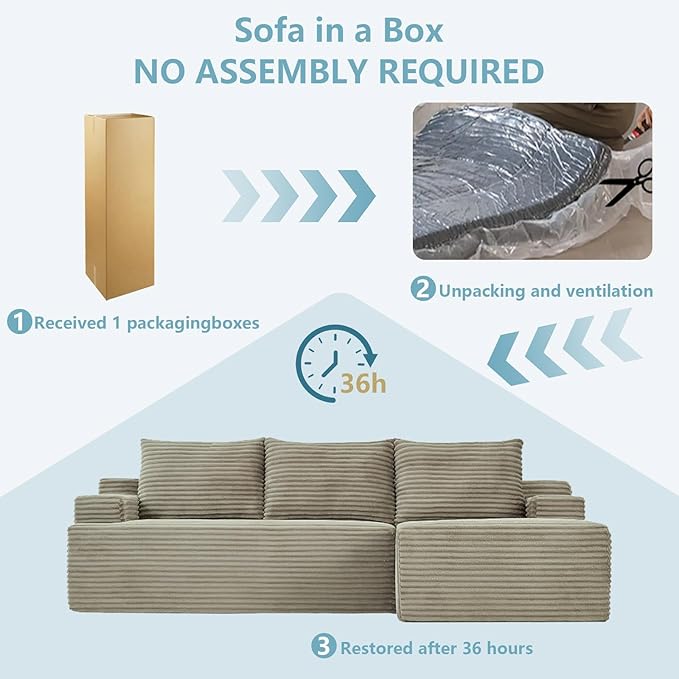 96" Cloud Sectional Couch with L-Shape Chaise, Modern Corduroy Boneless Couch for Living Room,Memory Foam Sofa with Deep Seat,No Assembly Required (Camel,Right-Facing Chaise)