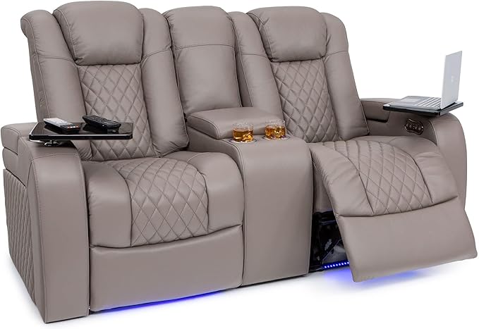 Seatcraft Anthem Italian Leather Sofa w/Fold-Down Table & Loveseat w/Storage Console, Living Room, Power Headrest, Power Recline, Gray