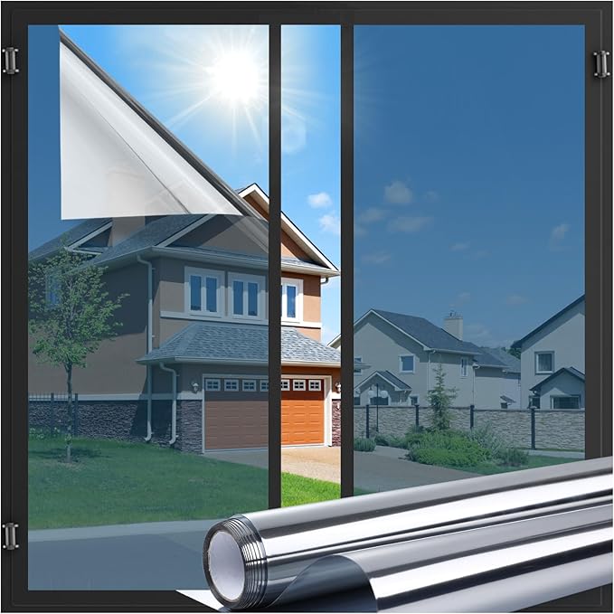 LUTE One Way Window Privacy Film, Window Tint for Home, Sun Blocking UV Heat Blocker, See Out Not in Reflective Mirror Film, Removable Static Cling Glass Door Coverings, Silver, 17.5" x 118.1"
