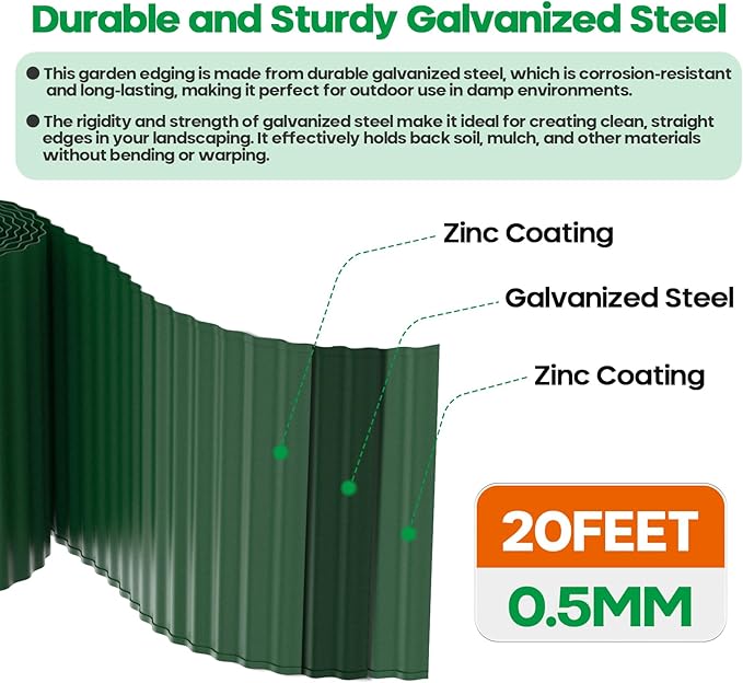 Camitlli Corrugated Metal Garden Edging,Sturdy Tall Landscape Edging Borders with 6pcs Anchor Stakes, Perfect DIY for Flower Beds, Lawn and Pathway,Tree Surrounds,Paver Edges (Green 10"×20FT)