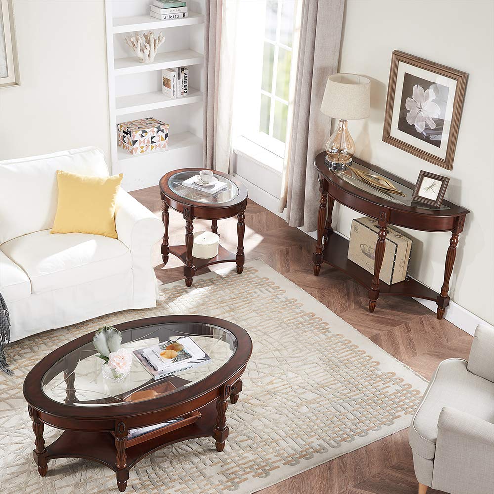 PADMA HOUSE Traditional Solid Wood Semi-Circle Sofa Table with Tempered Glass Top for Living Room, Cherry Walnut