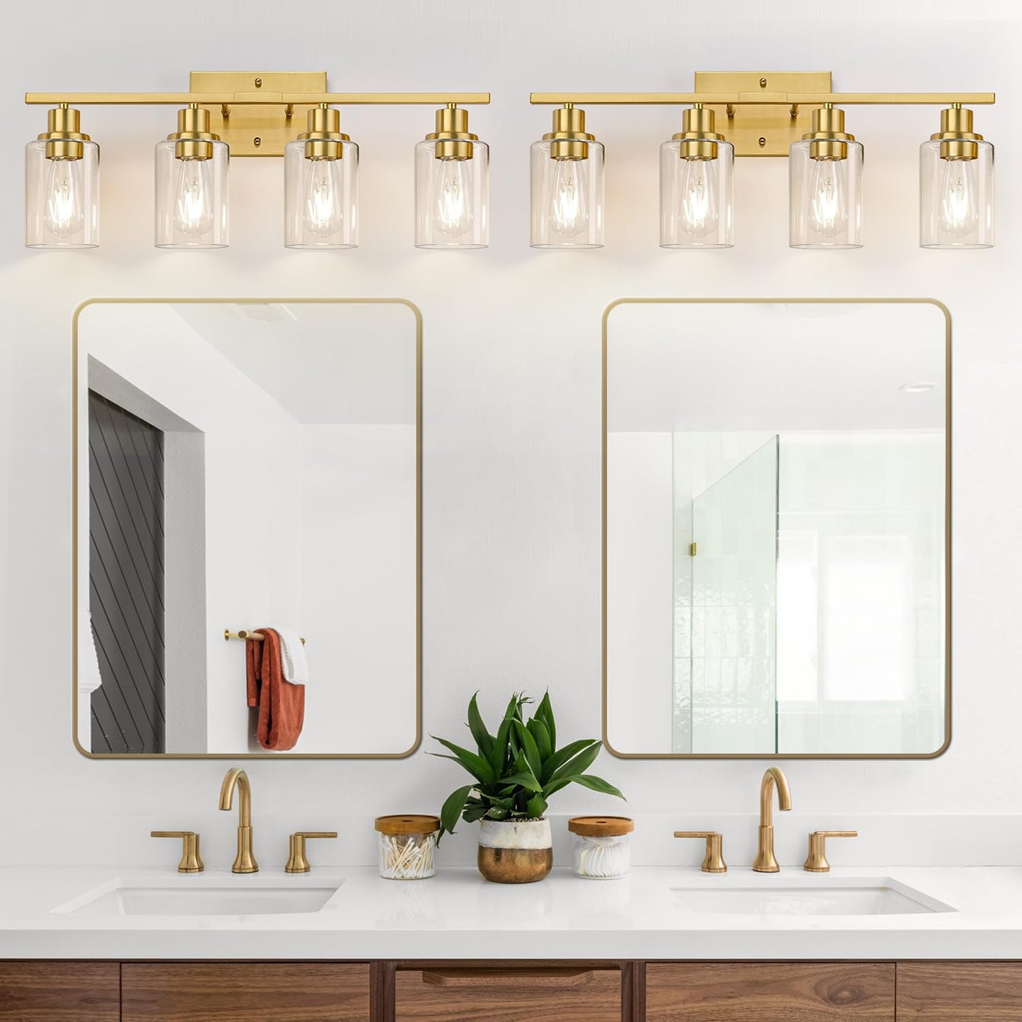 Indoi 4-Light Vanity Lights with Clear Glass Shades, Brushed Gold Bathroom Light Fixtures Over Mirror, Modern Bathroom Wall Lamp for Mirror Living Room Cabinet Bedroom Porch