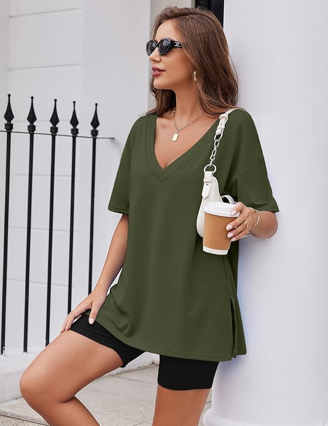 Ekouaer Womens Pajamas 2 Piece Lounge Sets Oversized V Neck T-Shirts Tops Biker Shorts Set Workout Reversible Tracksuit S-XXL