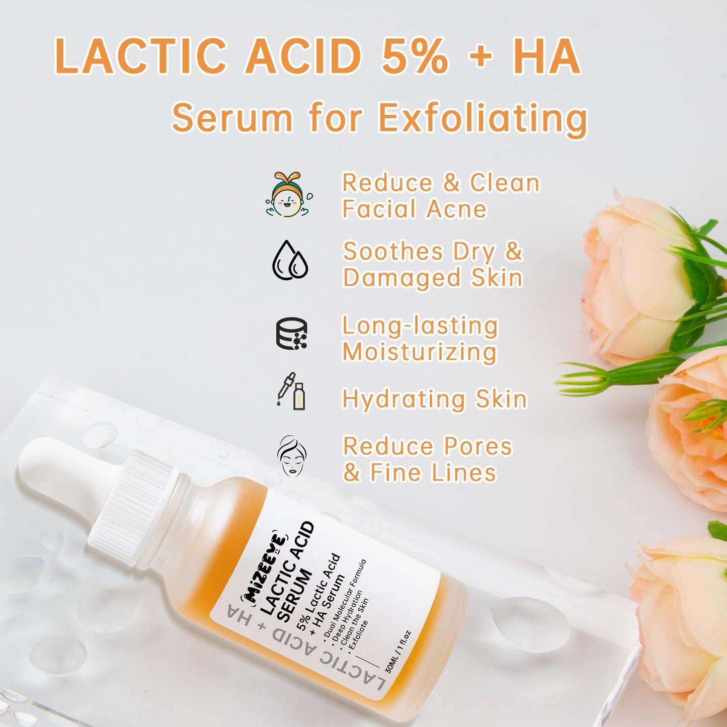 Lactic Acid Serum For Face, 2 PCS Moisturizing Lactic Acid 5% + HA Face Serum For Exfoliating, Dry Skin.