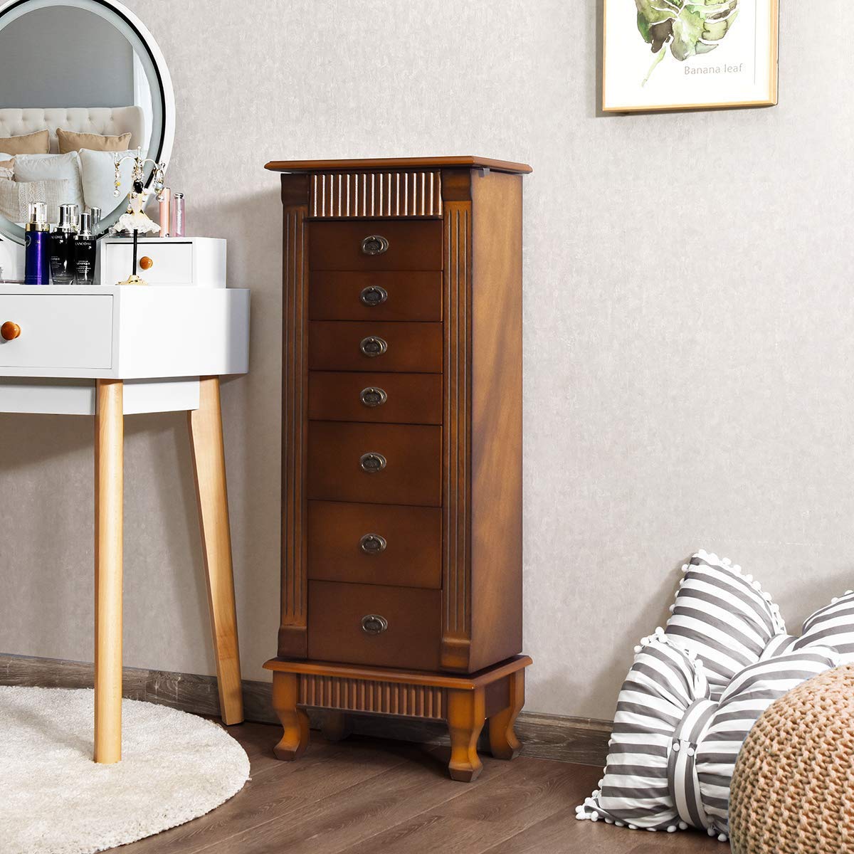 HOMGX Standing Jewelry Armoire Cabinet Storage Chest, Makeup Mirror and Top Divided Storage Organizer, Large Standing Jewelry Armoire with 7 Drawers, 2 Swing Doors, 12 Necklace Hooks
