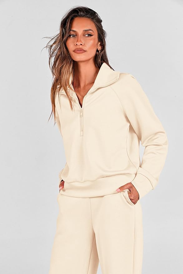 PRETTYGARDEN Women's 2 Piece Outfits Casual Lapel Half Zip Sweatshirts and Wide Leg Pants Tracksuit Sets