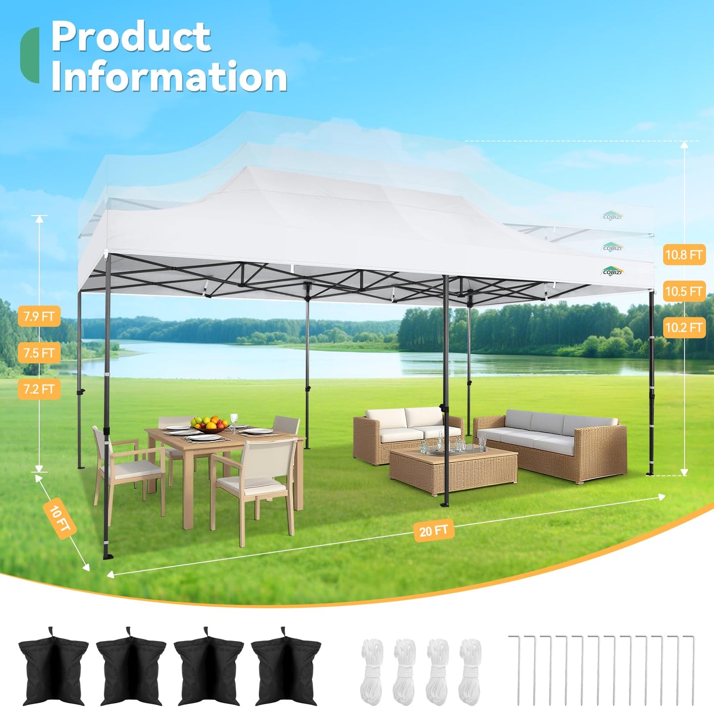 COBIZI 10x20 Pop up Canopy Heavy Duty with 6 Sidewalls, Easy Set-up Commercial Outdoor Party, 100% Waterproof Wedding Canopy Gazebo, 3 Height Adjustable with Wheeled Bag,White