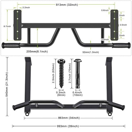 Kipika 32" Ceiling Mounted Pull Up Bar - Heavy Duty, Highly Adjustable, Multifunctional Chin Up Bar - Home Gym System with Punching Bag Hanger and Resistance Bands Training (Ceiling Mounted Pull Up Bar)