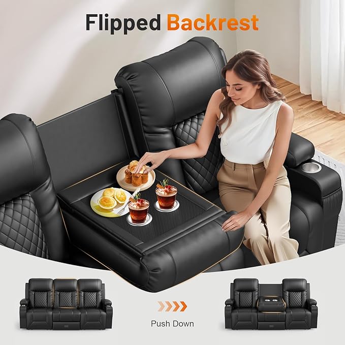 FURNIMAT Recliner Sofa, 4 Seater Dual Reclining Sofa with Flip Back Console, Modern PU Leather Recliner Couch for Living Room/RV, with Storage Drawer, USB Ports, Cup Holder, Cell Phone Holder, Black