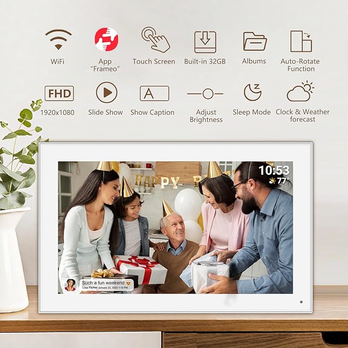 15.6 inch FRAMEO Smart WiFi Digital Photo Frame 1920x1080 FHD IPS LCD Touch Screen, Built in 32GB Memory, Share Moments Instantly via Frameo App from Anywhere, Auto-Rotate, Wall Mountable with VESA