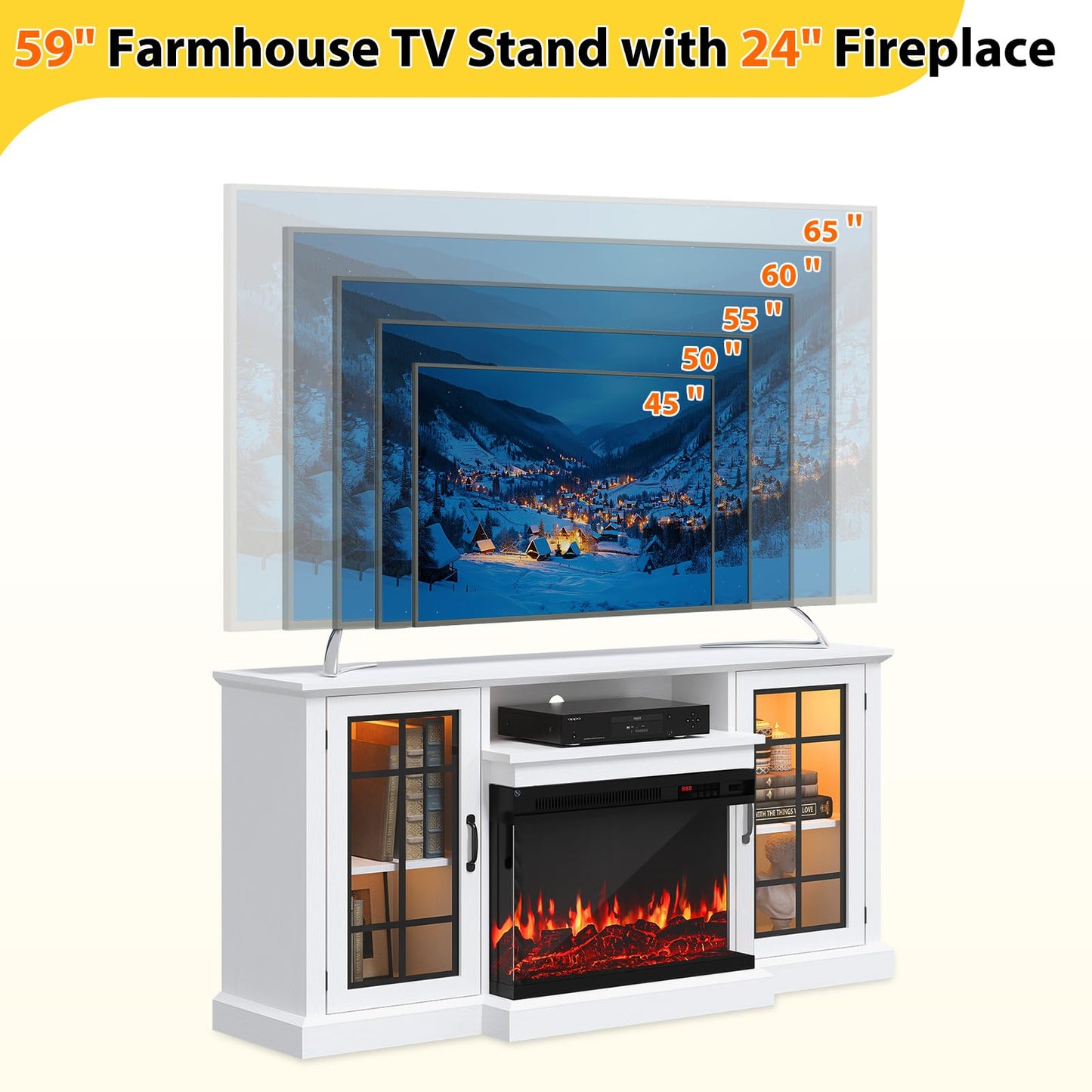 OneBlis 59'' TV Stand, 3 Sided Glass Media Entertainment Center Console Table for TVs up to 65'' with Glass Door, Adjustable Flame LED Color for Living Room, White