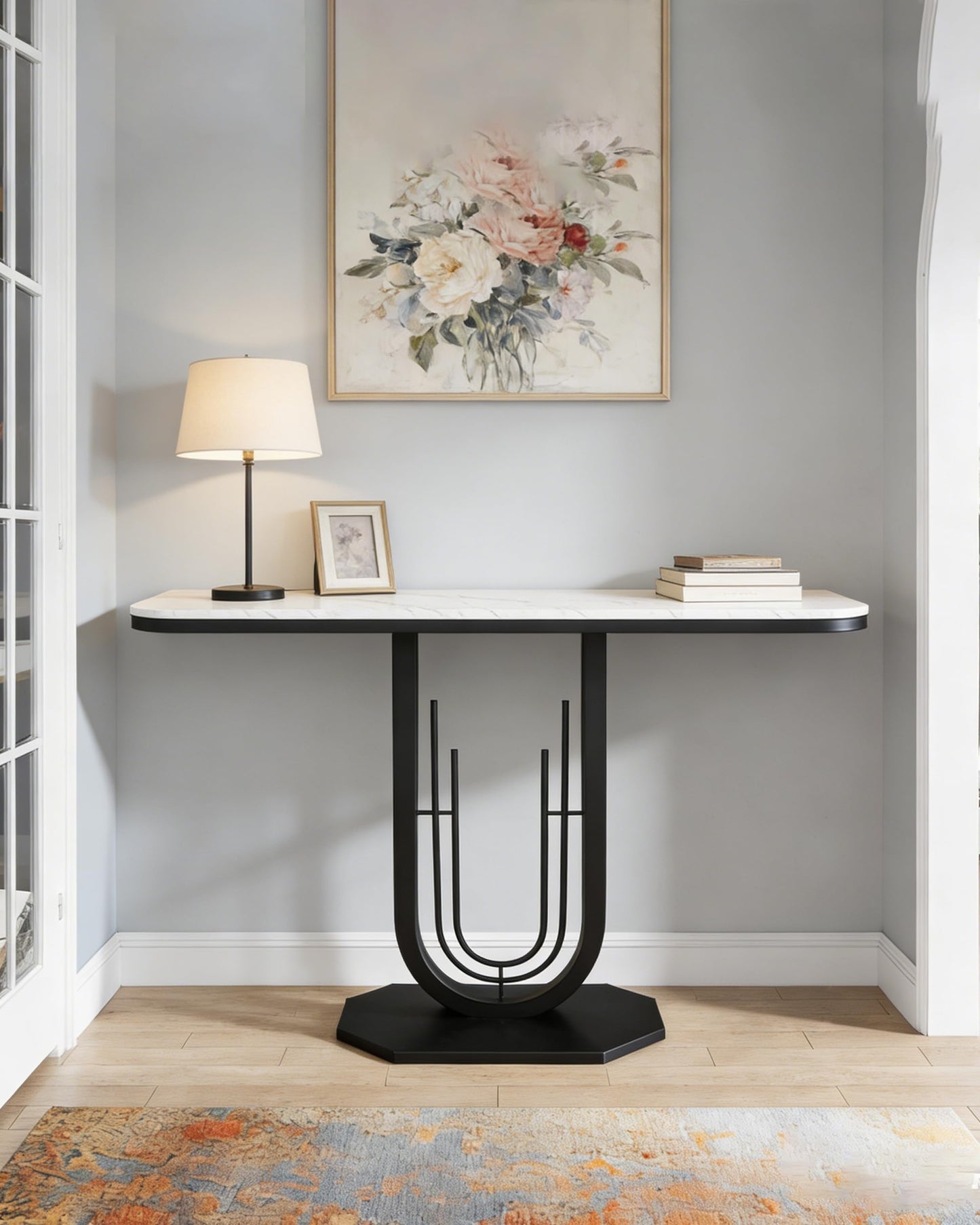 39.37'' Rectangle Narrow Console Table with Marble Top, Elegant Sofa Table Modern Entryway Tables, Round-Shaped Metal Frame, for Entry, Behind Sofa Couch, Entrance, White & Black Metal Base