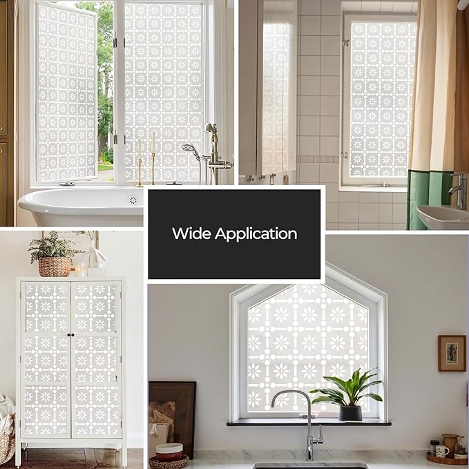 Window Privacy Film, Frosted Glass Decorative Static Cling, Removable Sun Blocking Vinyl Covering,Window Film for Home Kitchen Living Room Bathroom, ‌Floral Grid‌, 17.3" x 78.7"