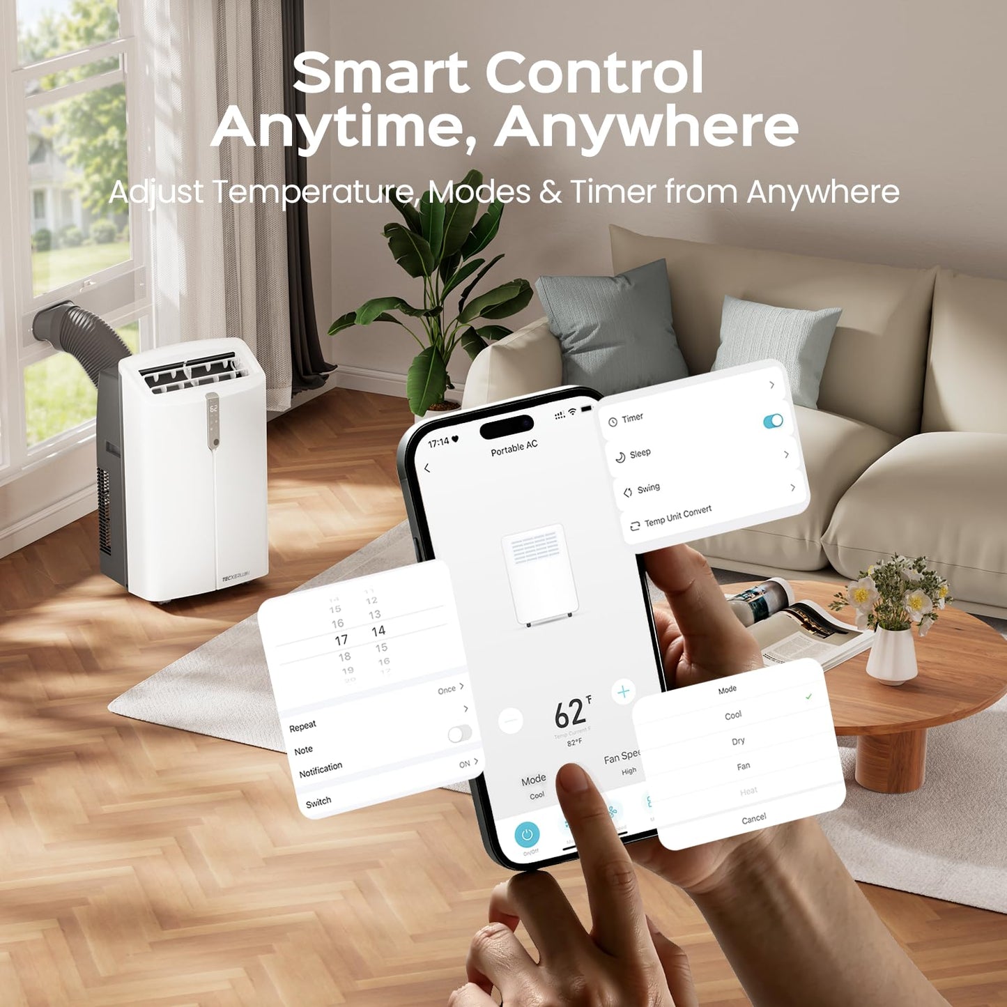 TECXERLLON 16000 BTU Portable Air Conditioners with App Control, Cools Up to 850 Sq.Ft, 4-in-1 Smart Portable AC Unit with Cooling, Dehumidifier, Fan & Sleep Mode, Self-Evaporating for Home & Office