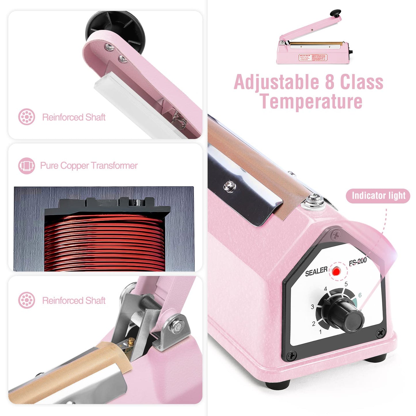 METRONIC Impulse Sealer 8 inch, Manual Heat Sealer Machine for Plastic Bags, Shrink Wrap Bag Sealers Heavy Duty Sealing Machine with Repair Kit (Pink)