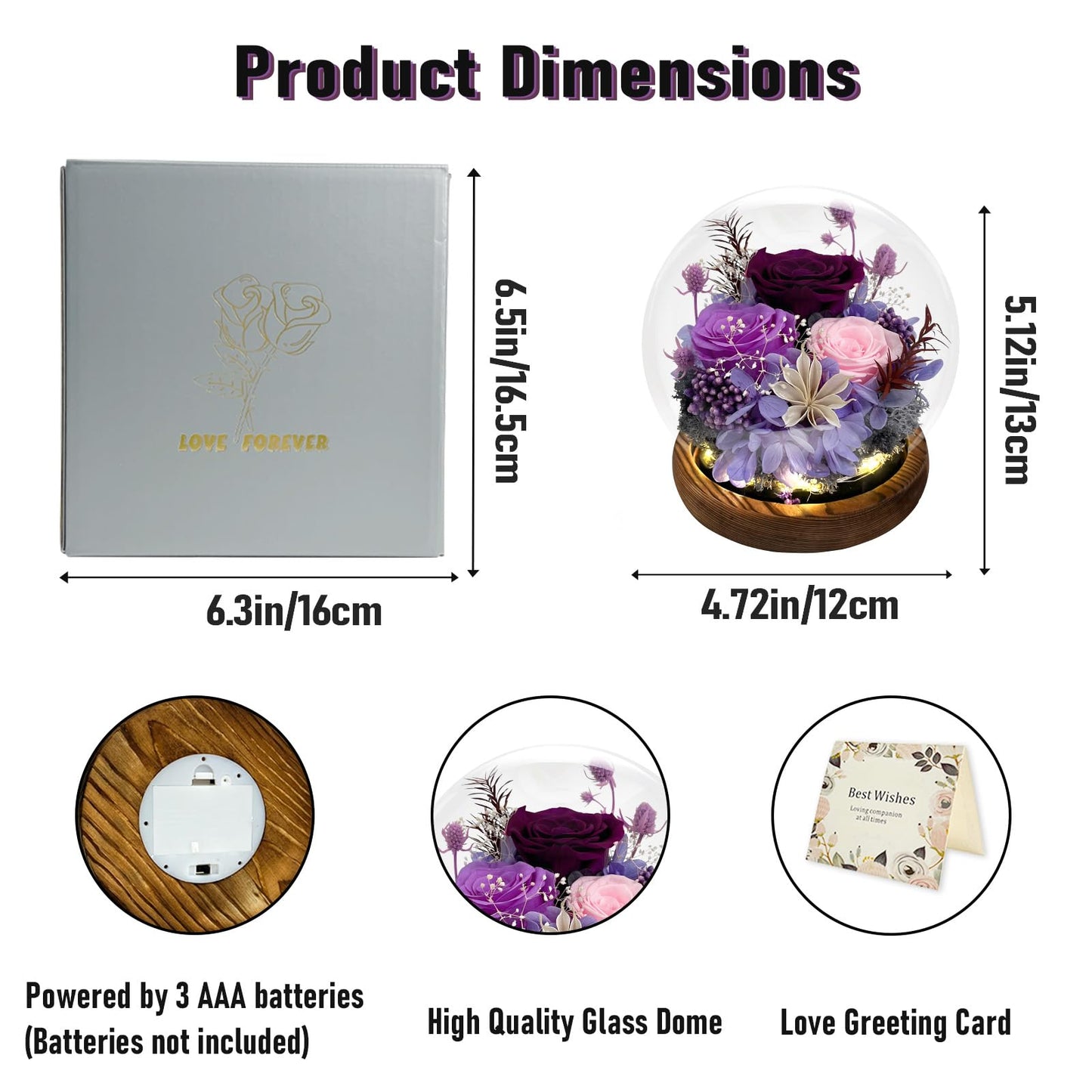 FIACO Gifts for Mom Women Birthday Preserved Flowers in Glass Dome Forever Fresh Flowers for Delivery Prime Long-Lasting Eternal Roses Gifts for Grandma Sister Daughter Wife Her Girlfriend Purple