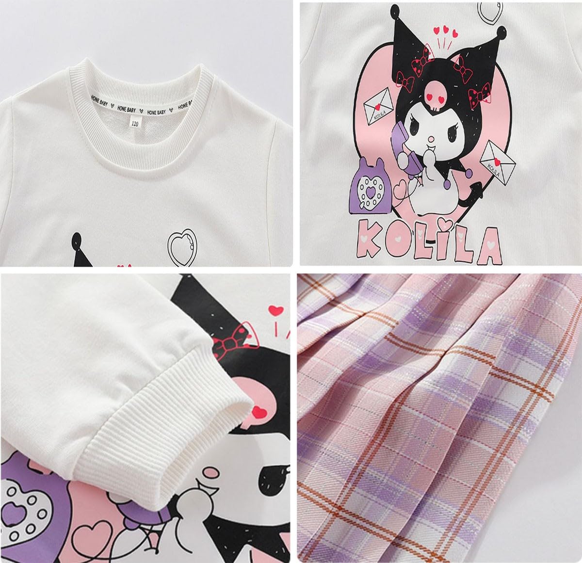 Satdflie Girls 3 Piece Outfits Cartoon Crewneck Long Sleeve Pullover Sweatshirt + Plaid Pleated Mini Skirt + Bag Sets, Purple, M