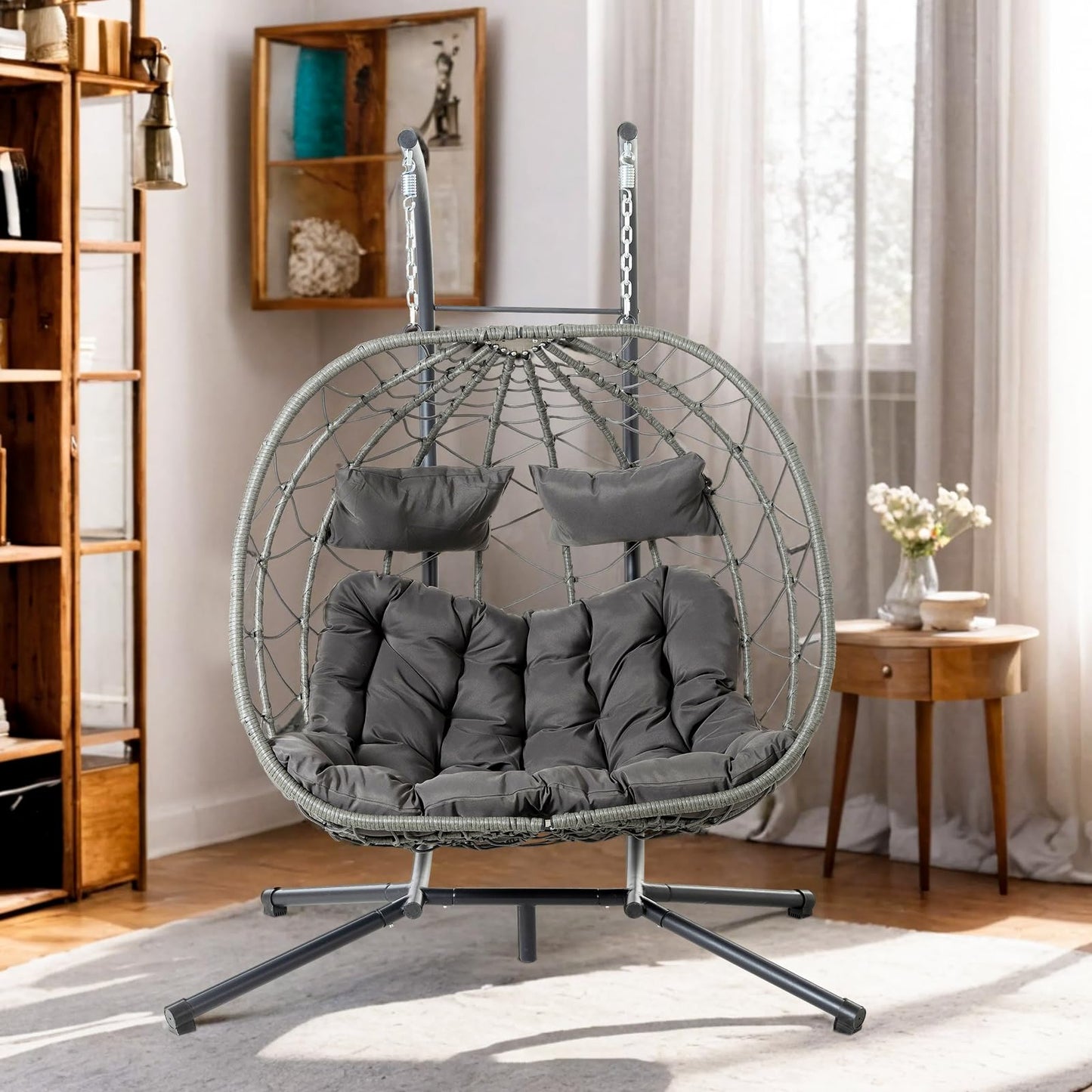 Anranni Double Egg Swing Chair with Stand, 2 Person Outdoor Indoor Hammock Hanging Chair with Cushion,Patio Wicker Hanging Egg Chair w/Cushion 700LBS Capacity for Bedroom, Balcony, Garden
