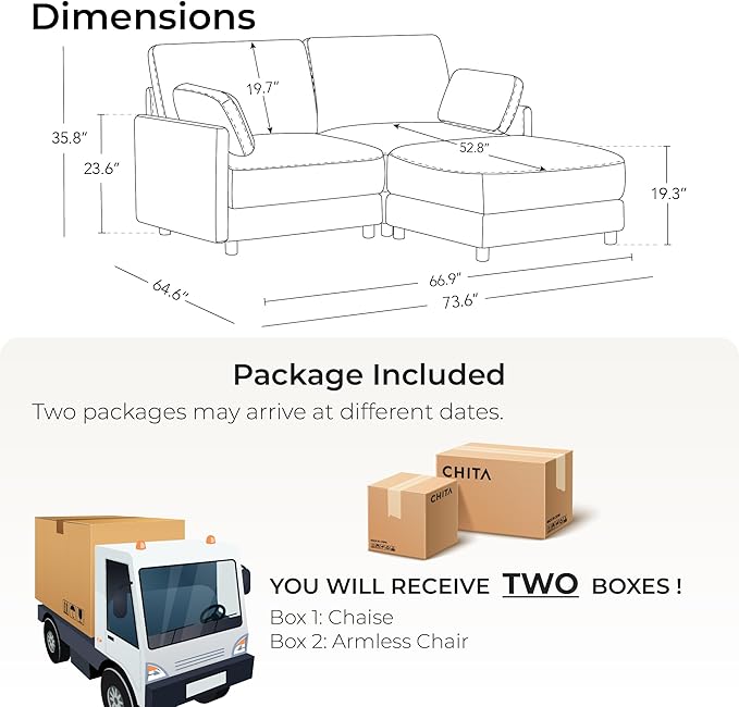 CHITA Modular Sectional Loveseat Sofa with Ottoman, Modern Cloud Couch for Living Room and Apartment, 2 Seat Extra Comfty Sofa, Removable Cover, 73.6 Inch Width, Cream