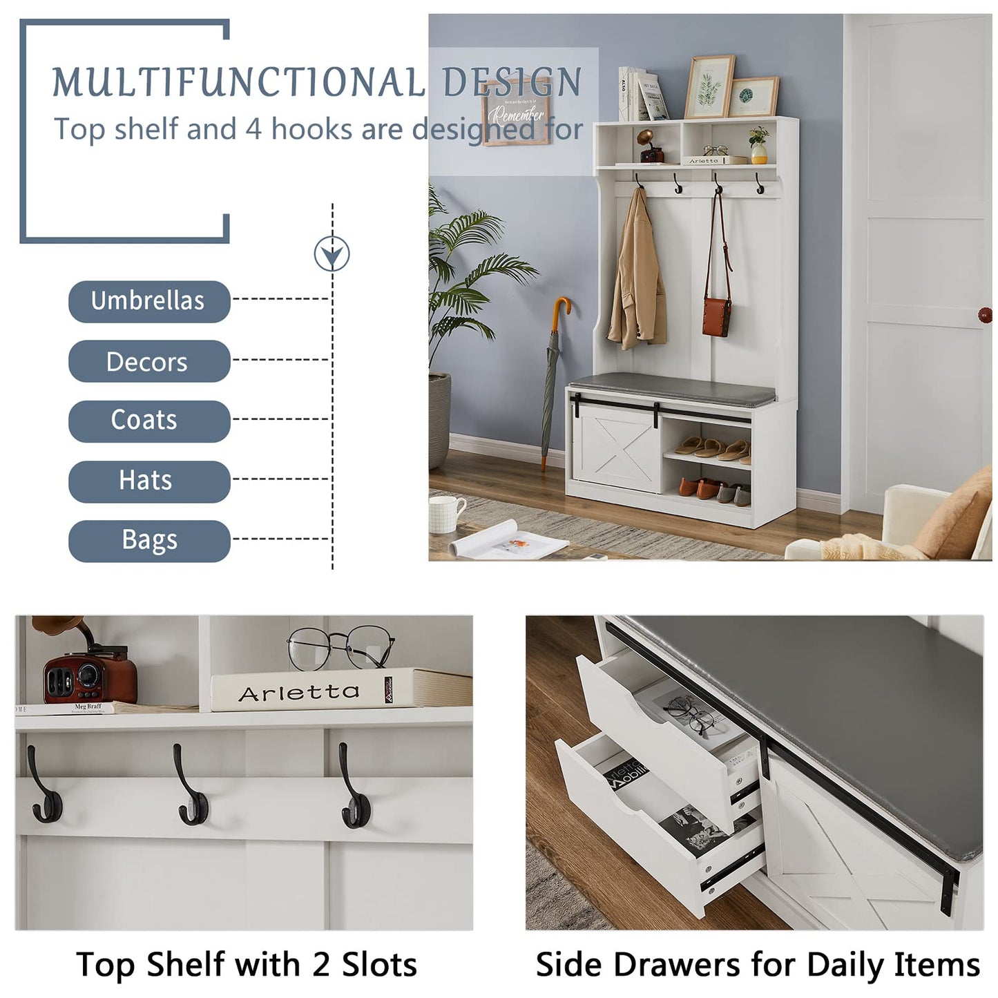 Betoko 71 Inch Entryway Bench with Sliding Barn Door, Hall Tree with Coat Rack and Storage Bench, Wood Coat Tree with Cushioned Stool and Hooks for Hallway, Living Room, Mudroom (White)