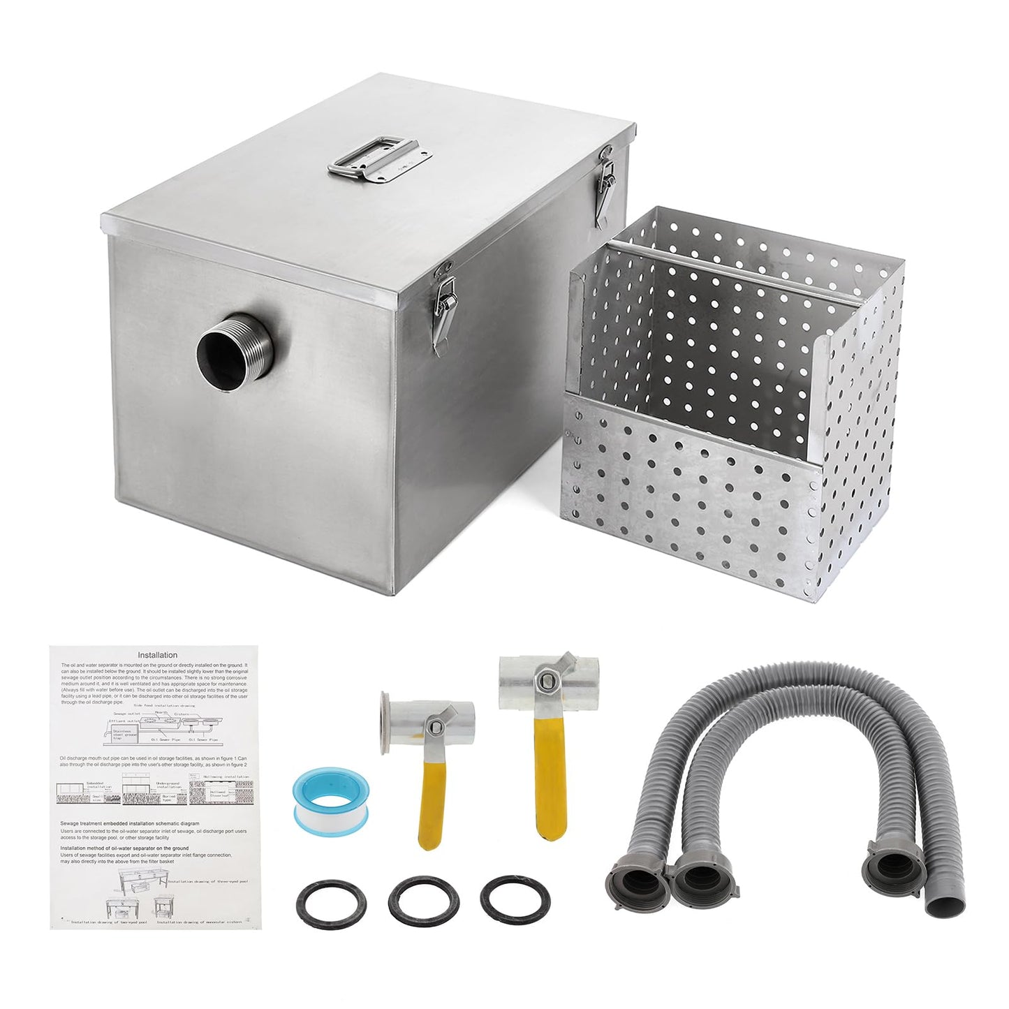 BEAMNOVA 8lbs Commercial Grease Trap Stainless Steel Interceptor for Restaurant Side Inlet