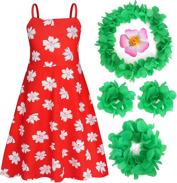 Benylion Hawaiian Dress Girls Red Leaf Dress Summer Dresses Halloween Christmas Cosplay Birthday Party Wear
