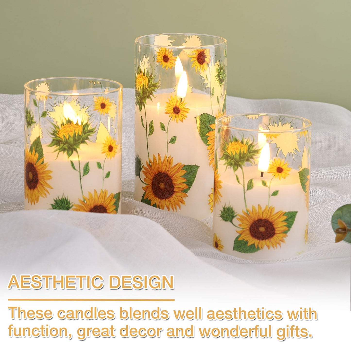 Girimax Sunflower Glass Flameless Pillar Candles with Remote, Flickering LED Battery Candles Christmas Holiday Decor Gift Set of 3