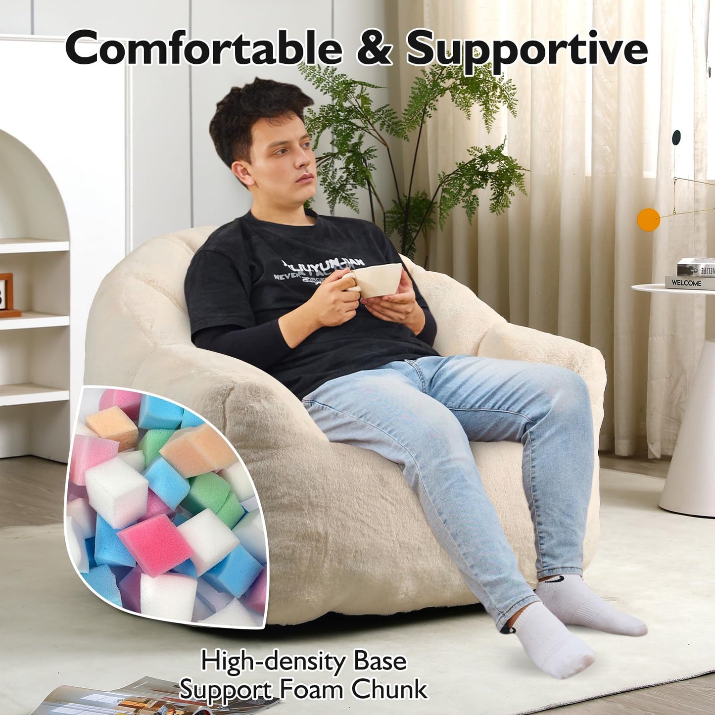 COCONINO WJ Bean Bag Chair, Bean Bag Chairs with Filler, Stuffed Beanbag Chair for Adult and Kid, Big Beanbag Chairs with Filling for Living Room (Faux Fur in Ivory, 35" D×41.4" W×30.7" H)