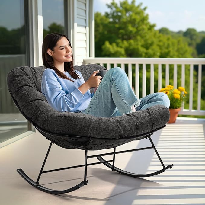 Bme Patio Rocking Chair Outdoor and Indoor, Modern Metal Lounge Rocker with Thick 7'' Cushion, 400lbs Capacity, Ergonomic Design, Easy Assembly, Grey Cushion - Black Matte Rocker