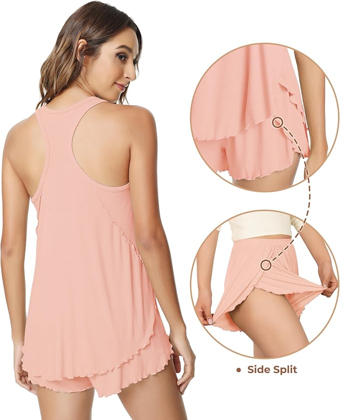 NACHILA Pajamas for Women-Viscose from Bamboo, Ribbed Racerback Tank Top Sexy Split Shorts Pajama Sets Cooling Sleep Cami Pjs