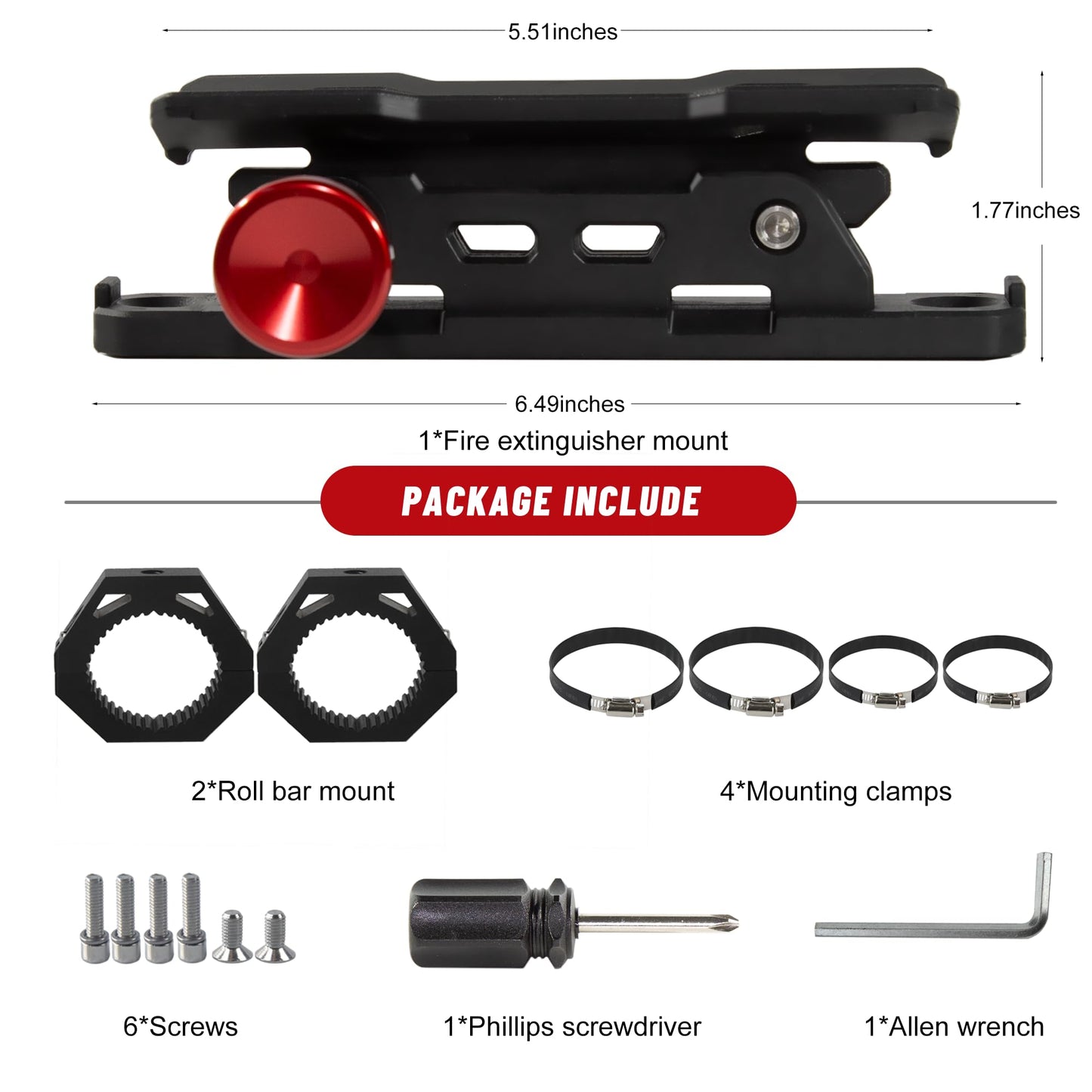 UTV Fire Extinguisher Mount Kit- Quick Release Roll Bar Fire Extinguisher Bracket Holder for Any Vehicle with 1.75"-2" Roll Bar, Compatible with Polaris RZR/Can Am X3/Jeep Wrangler