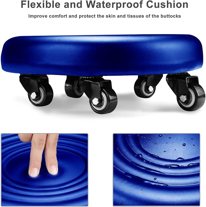IMMER LIEBEN Low Rolling Stool with Wheels Low to Ground Roller Seat with 5 Universal Wheels Step Stool for Home Office Garage Shop Stools PU Leather High Density Cushion and Steel Sky Blue