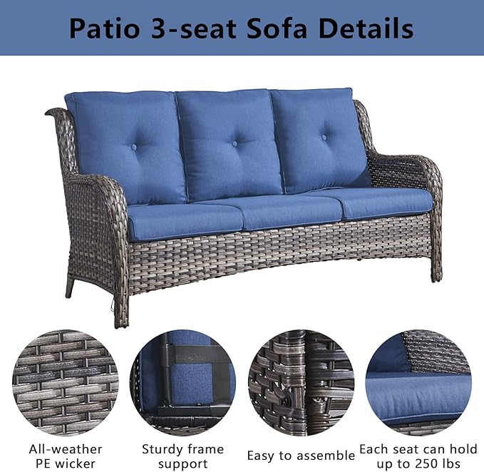 Belord Outdoor Wicker Furniture Patio Set - 7 Piece Backyard Furniture Grey Rattan Conversation Sets with Swivel Rocker Chairs, Rattan Sofa, Club Chairs and Coffee Table, Blue Cushion