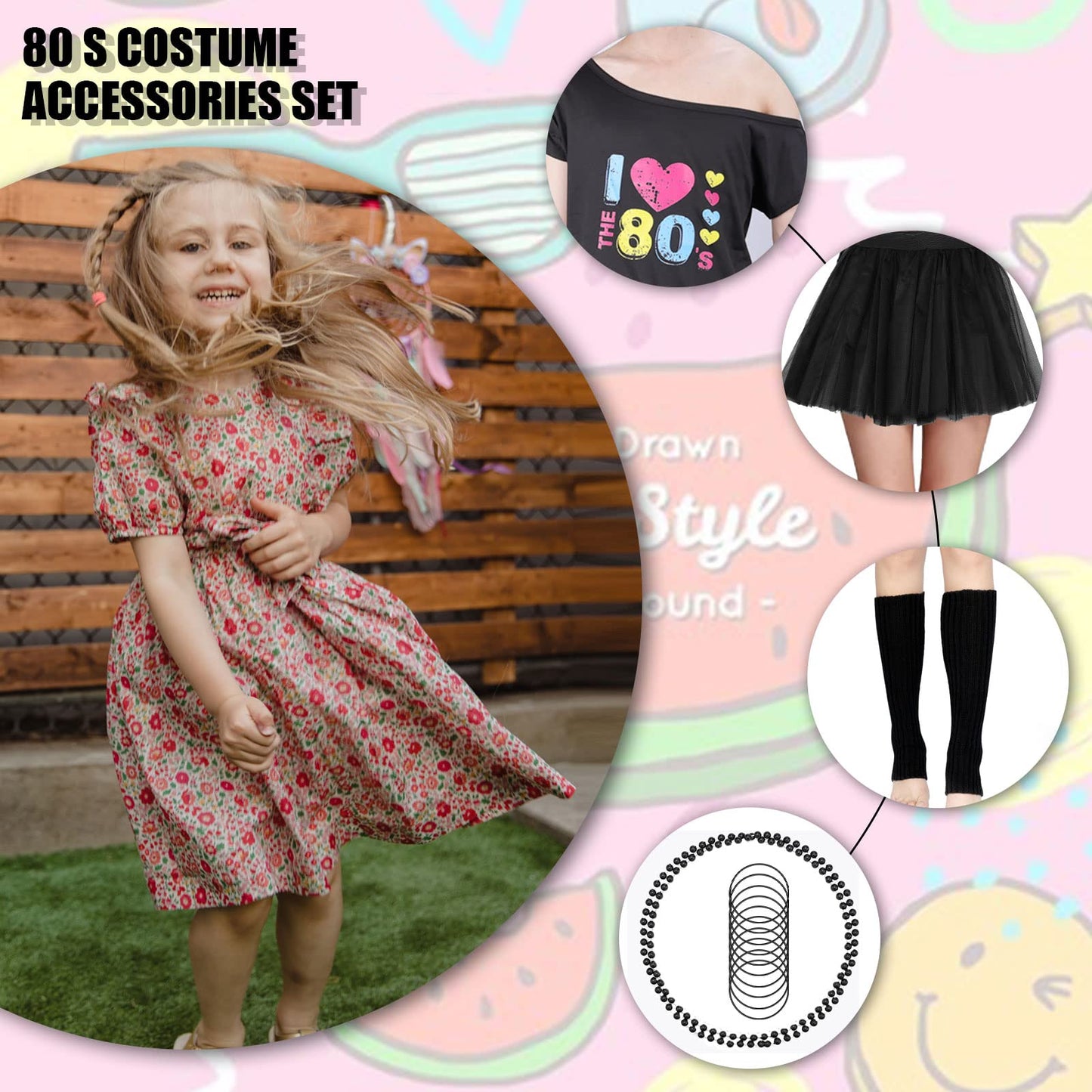 KINBOM 80s Costume Accessories Set, 80s Party Outfits Party T-shirt Tutu Skirt Leg Warmers 80s Accessories Kit for Retro Style Fancy Dress Party(XL)