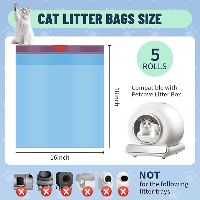 5 Rolls Litter Bags Compatible with Petcove – 18 x 16 in Durable Automatic Litter Box Bags, Strong Kitty litter box liners for Easy, Mess-Free Disposal