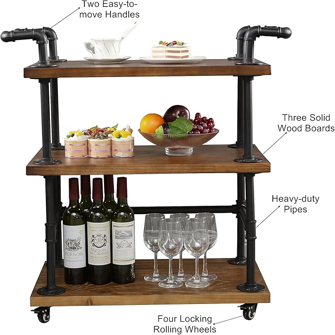 DOFURNILIM Industrial Pipe Bar Carts/Serving Carts/Kitchen Carts/Wine Rack Carts on Wheels with Shelves - Wood Rolling Carts - Wine Tea Liquor Shelves/Holder - Home Furniture