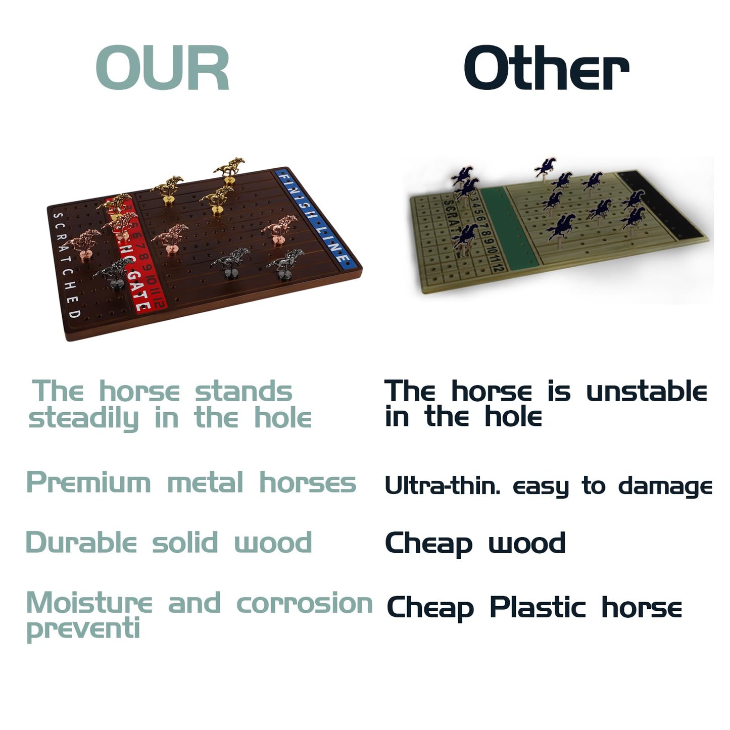 NRZSSN Horse Race Board Game with 11 Luxurious Durable Classic Metal Horses with 4 Dice and 2 Boxes of Cards Thickened Solid Wood Horse Racing Dice Game (Walnut Color，Rectangle)