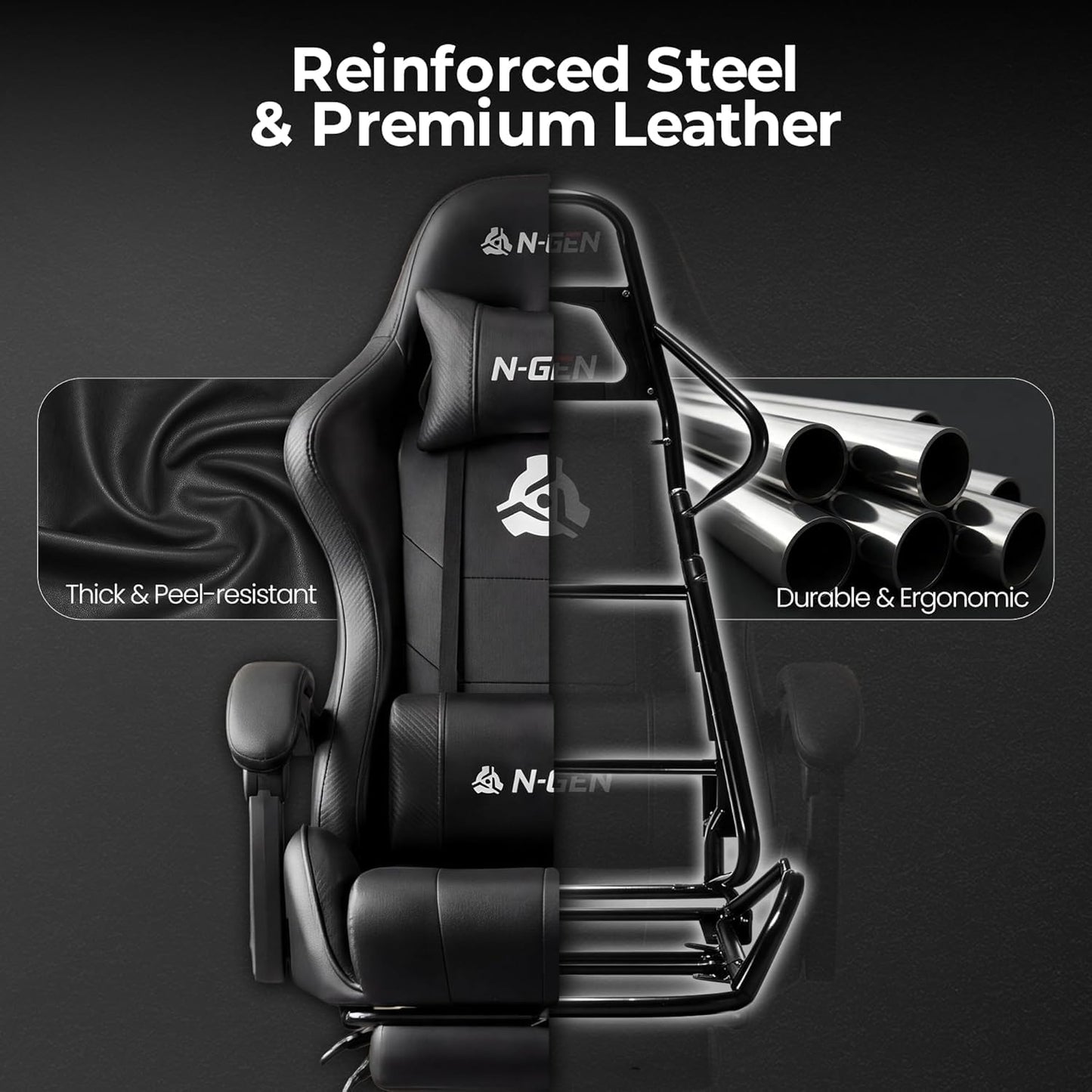 N-GEN GAMING Video Gaming Chair with Footrest Lumbar Support for Home Office High Back Recliner Height Adjustable Ergonomic Comfy Leather Computer Desk Chair (Black)
