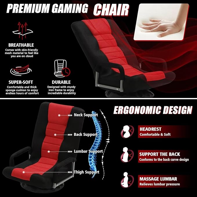 ACIPENSER Swivel Gaming Chair Multipurpose Floor Gaming Chair for Playing Video Games, TV, Reading w/Armrest Lumbar Support & 6 Adjustable Postion Backrest for Adults & Kids,Red