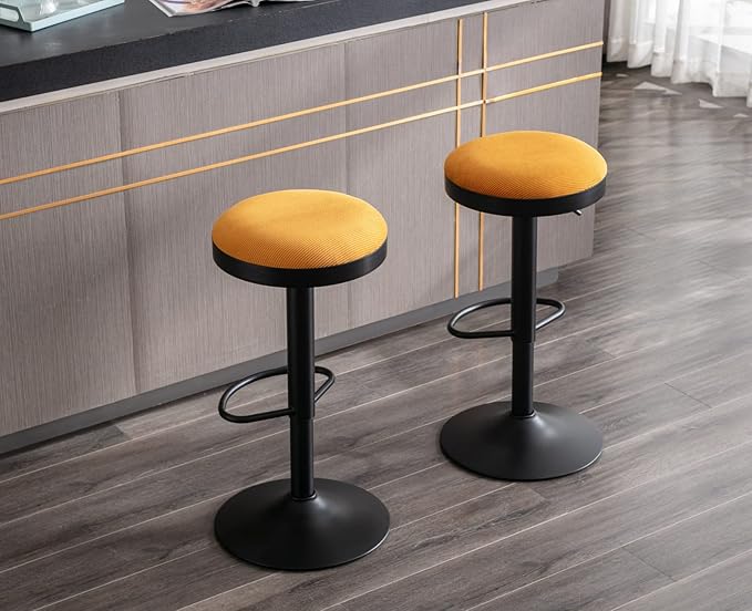 EALSON Modern Swivel Bar Stools Set of 6 Adjustable Counter Height Backless Barstools with Metal Base Fabric Upholstered Round Bar Stool Chairs for Kitchen Island/Pub/Breakfast Bar, Yellow