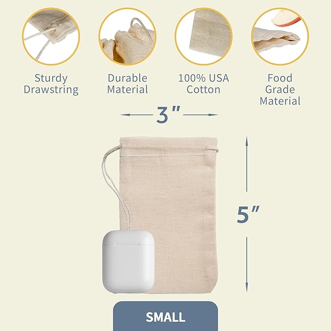 Celestial Gifts Muslin Drawstring Bags - 100pcs, 3x5, Reusable for Tea, Jewelry, Spice, Cotton Gift Sachets - 100% Cotton, Made in USA (Natural Hem & Drawstring)