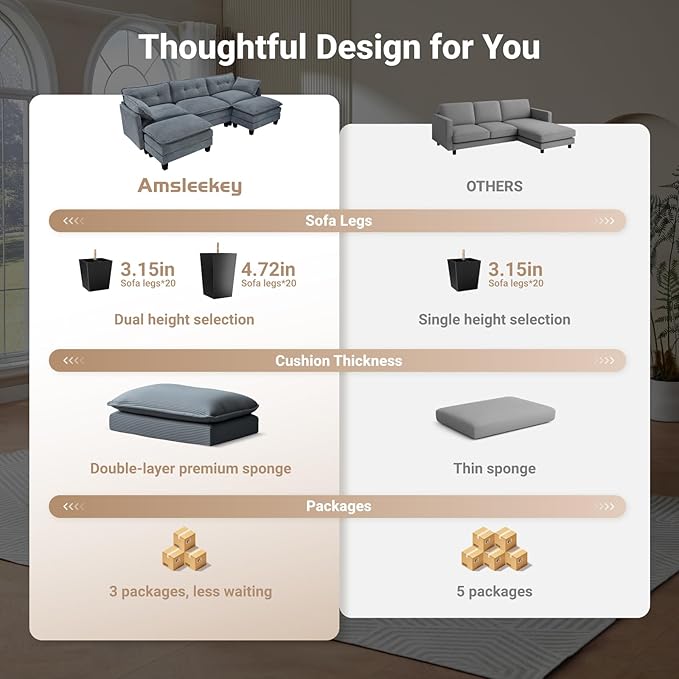 Amsleekey Modular Sectional Sofa, 111.5" U-Shaped Corduroy Comfy Sectional Couches for Living Room, 3-Seater Cloud Couches with 2 Movable Ottomans, Flexible Combination Modern Deep Seat Sofa (Grey)