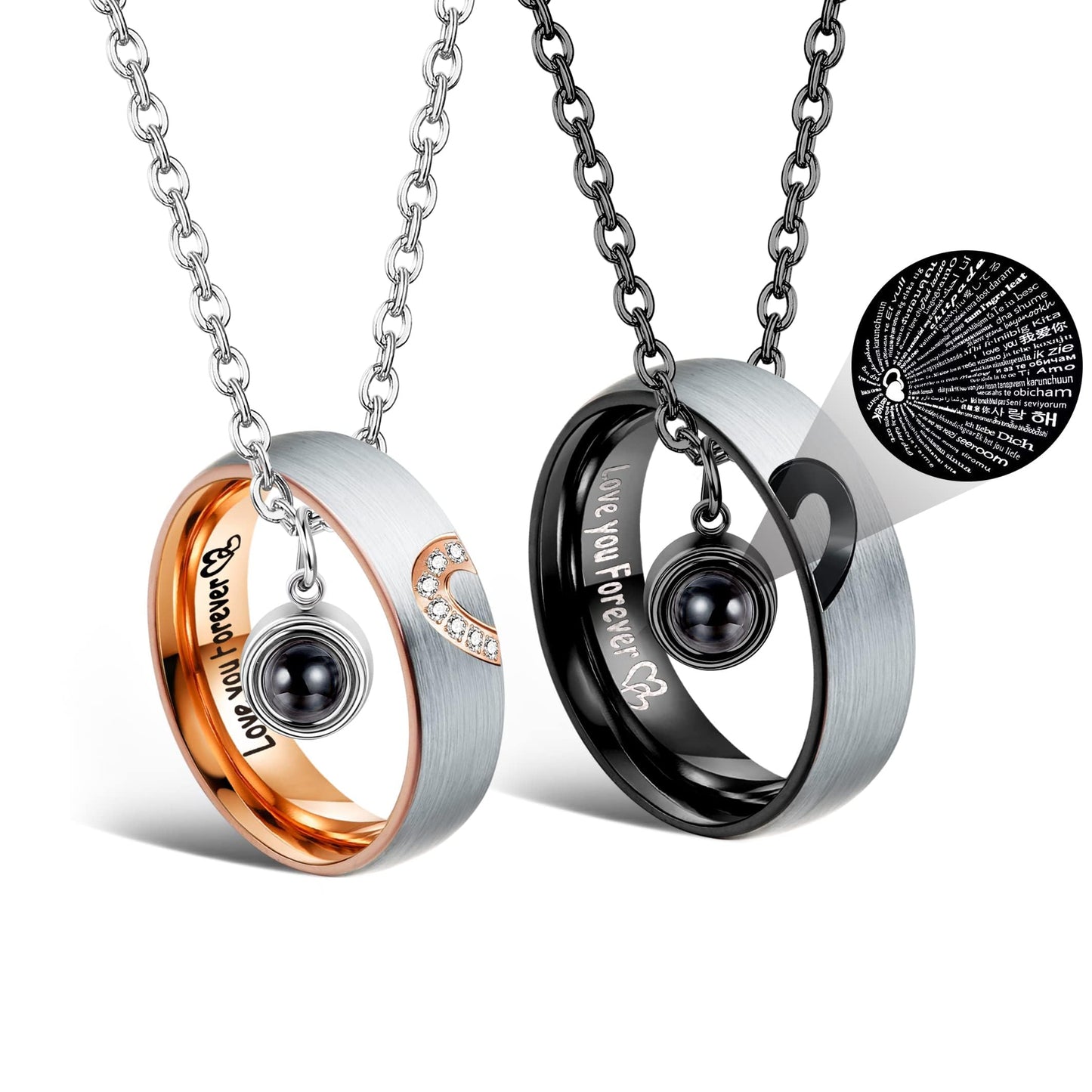 ZELORES Matching Necklaces For Couples I Love You Necklace 100 Languages Matching Promise Rings Pendant Set Stainless Steel Couple Necklace For Him And Her Anniversary Valentine's Day Jewelry Gift