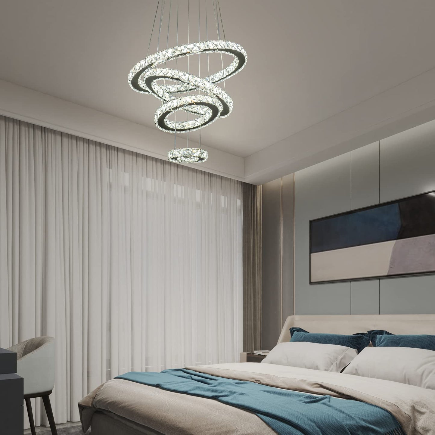 KKMYWAN Modern Crystal Chandelier, Dimmable 4 Rings LED Linear Chandelier Dining Room Light Fixture with Remote for Dining Room, Entryway, Bedroom,Living Room and Foyer Size: Ø5.5+9.4"+13.4"+17.3"
