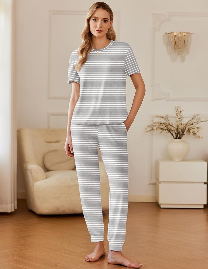 Ekouaer Pajamas for Women Set 2 Pack Lounge Set Short Sleeve Pjs Joggers Long Pants Loungepwear with Pockets