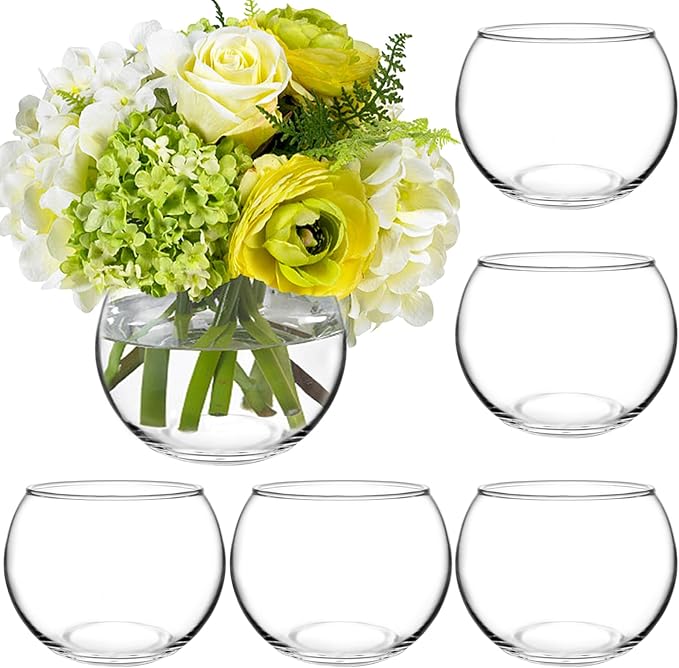 PINIWON 6 Pack Clear Round Glass Vases, 4.7” W x 3.5” H, Bubble Bowl Flower Vase for Table Centerpieces, Candle Holders fo...