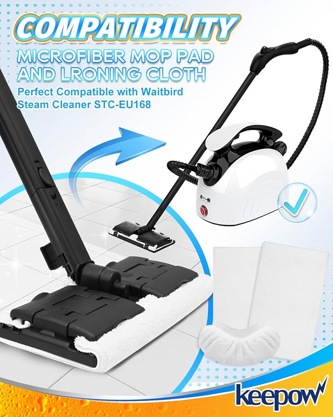 KEEPOW 4+4Pack Reusable Microfiber Mop Pads Compatible with Waitbird Steam Cleaner STC-EU168, Reusable Microfiber Cleaning Replacement Pads 4 Pack and 4 Pack Ironing Cloths (Mop is Not Included)