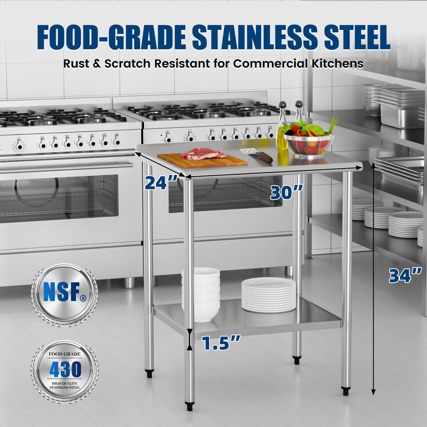 Chingoo Stainless Steel Work Table 24x30 Inch with Adjustable Undershelf & Backsplash, Heavy-Duty Prep Table for Commercial Kitchen, Restaurant, Garage, Outdoor