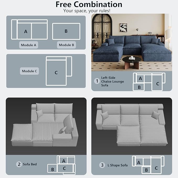 107" Cloud Sectional Couch U-Shaped Chaise with Ottoman, Corduroy Boneless Couch for Living Room Bedroom, Deep-Seat Upholstered Modular Cloud Sofa, No Assembly Required (Blue, Right Facing Chaise)